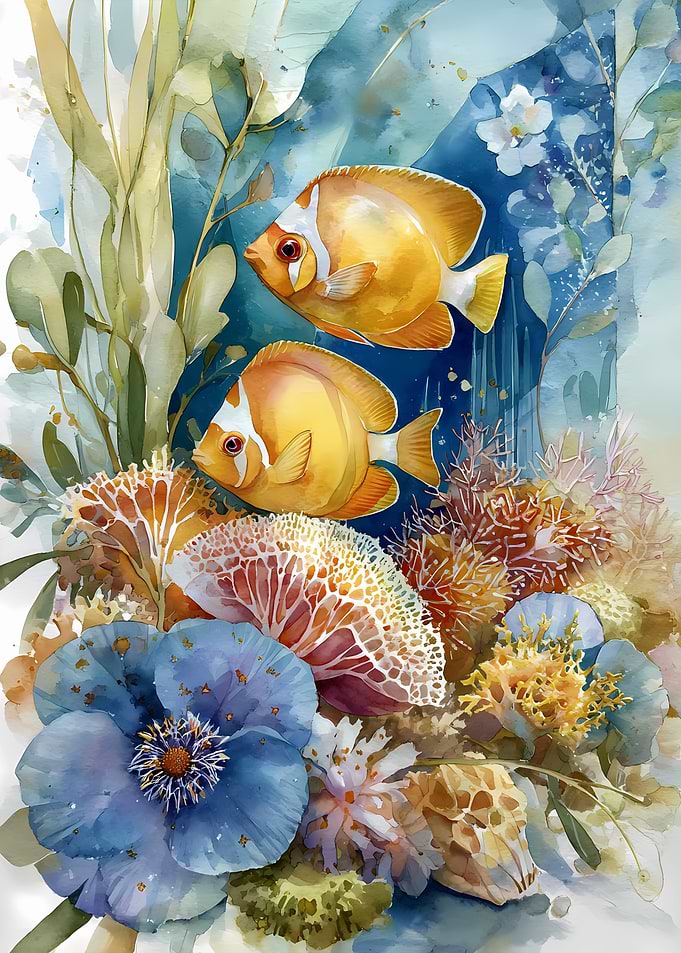 Watercolor Fish and Coral Reef Art