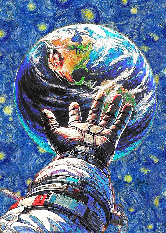 Astronaut Reaching for Earth, Starry Night