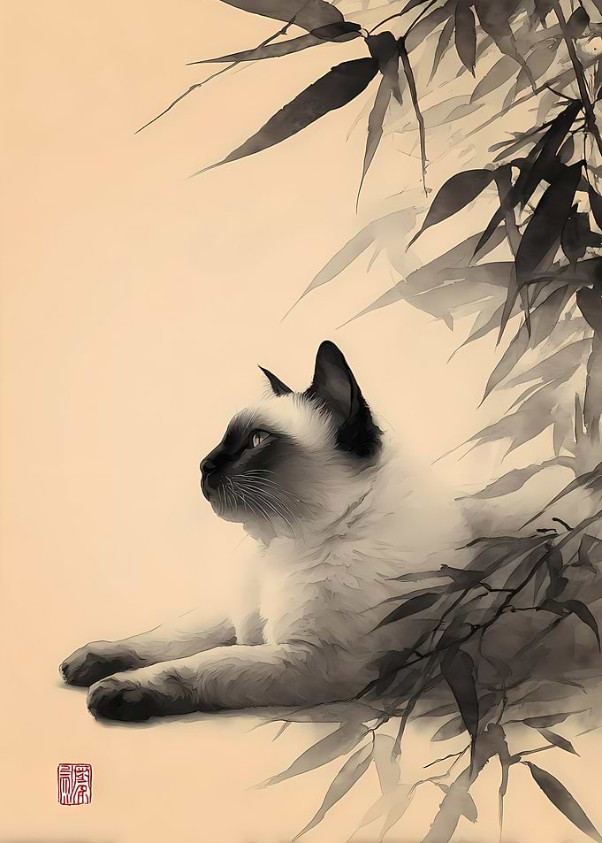 Siamese Cat with Bamboo Painting