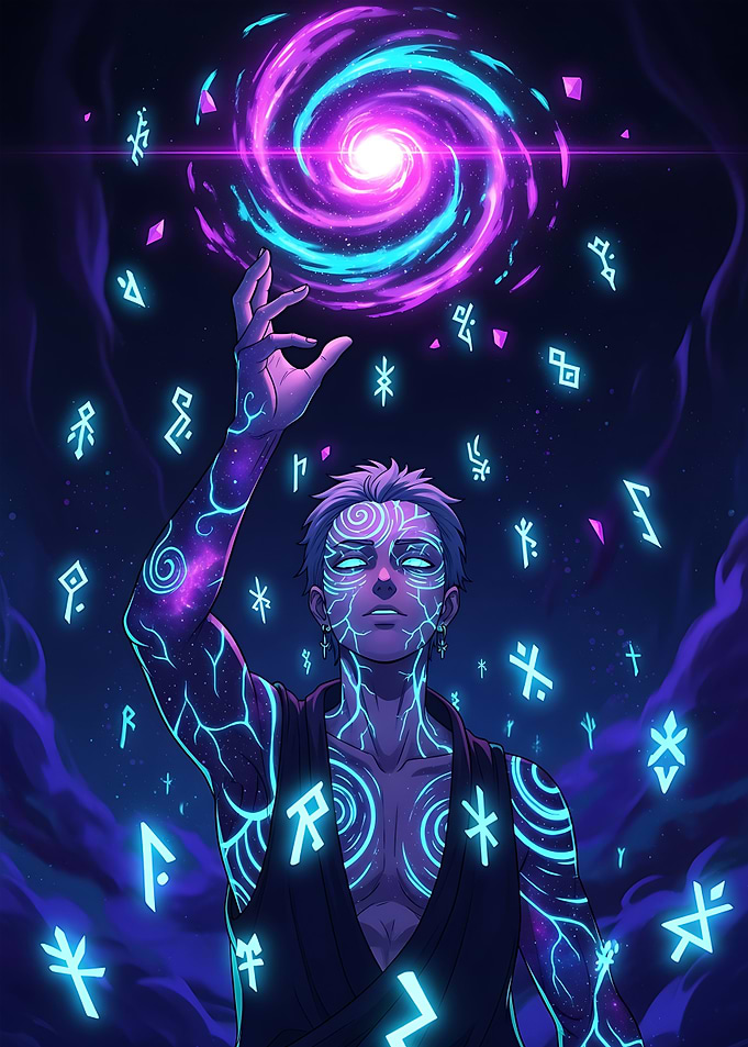 Mystic Figure with Galaxy and Runes