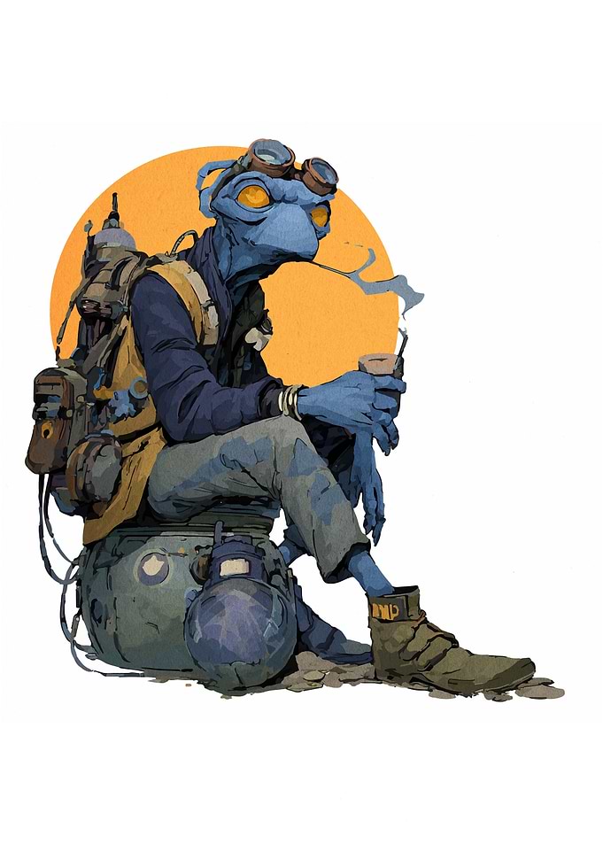 Blue Alien Traveler with Coffee