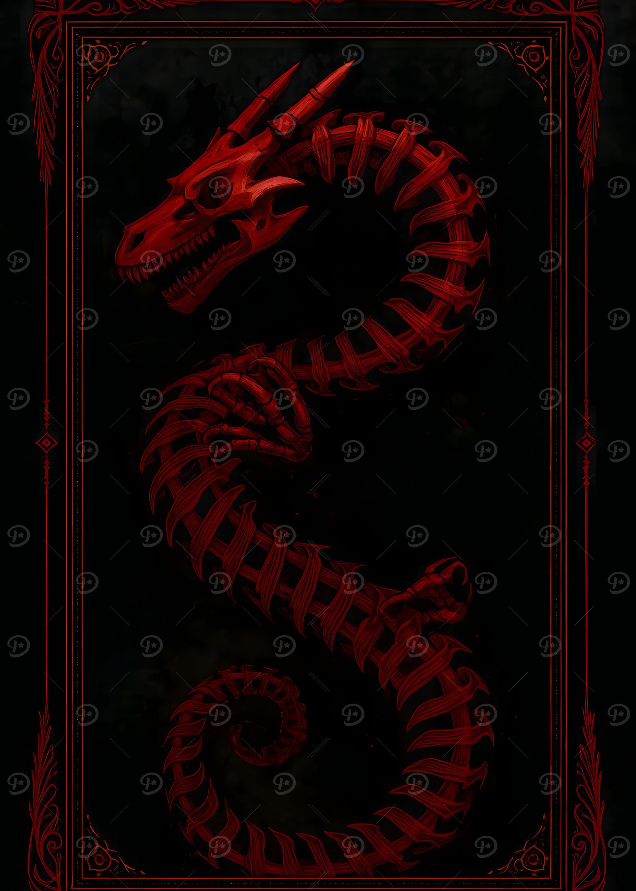 Red Dragon Skeleton on Black Background