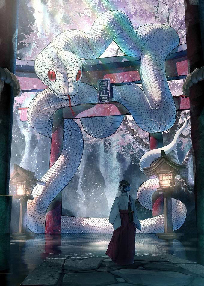 Giant White Snake at Torii Gate