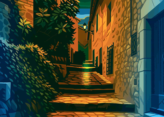 Tossa de Mar, Spain – Stylized Mediterranean Alleyway Art Print | Sepia Tones & Stone Architecture