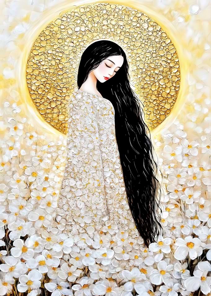 Woman in White Flowers with Golden Halo