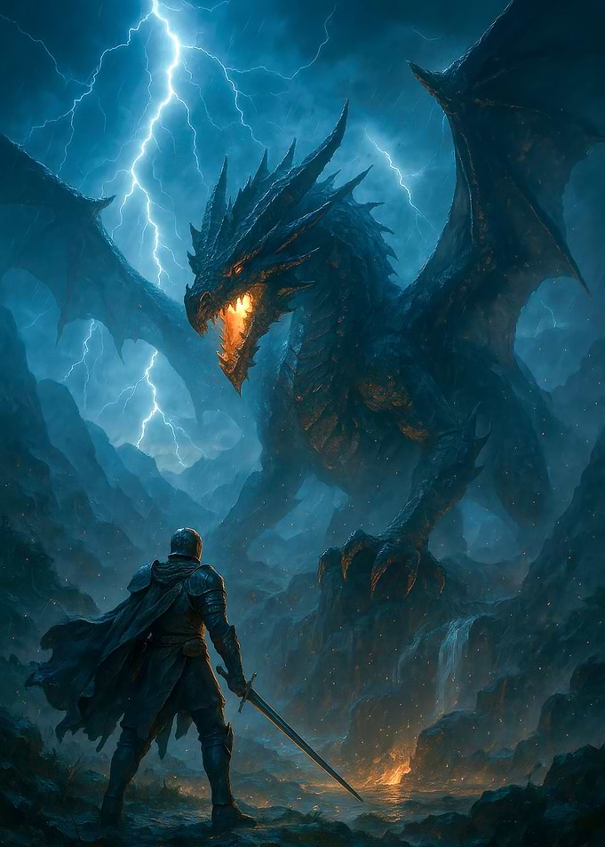 Knight facing a dragon in storm
