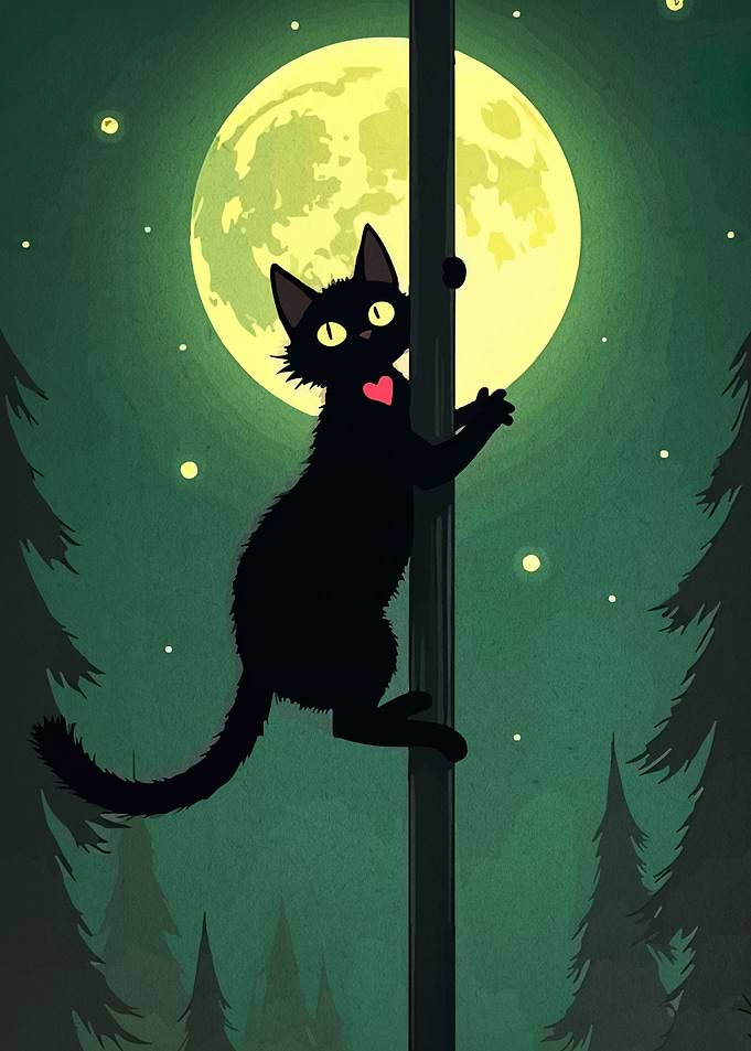 Black Cat Climbing Under Moonlight