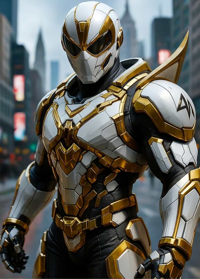 Futuristic Superhero Armor in Cityscape