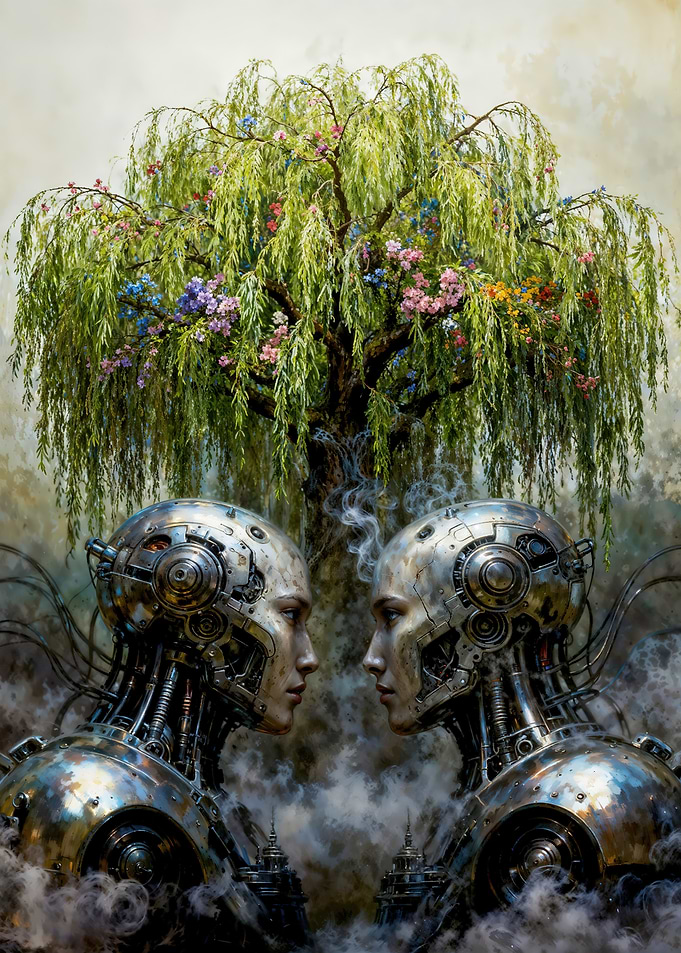 Robotic beings under a floral tree