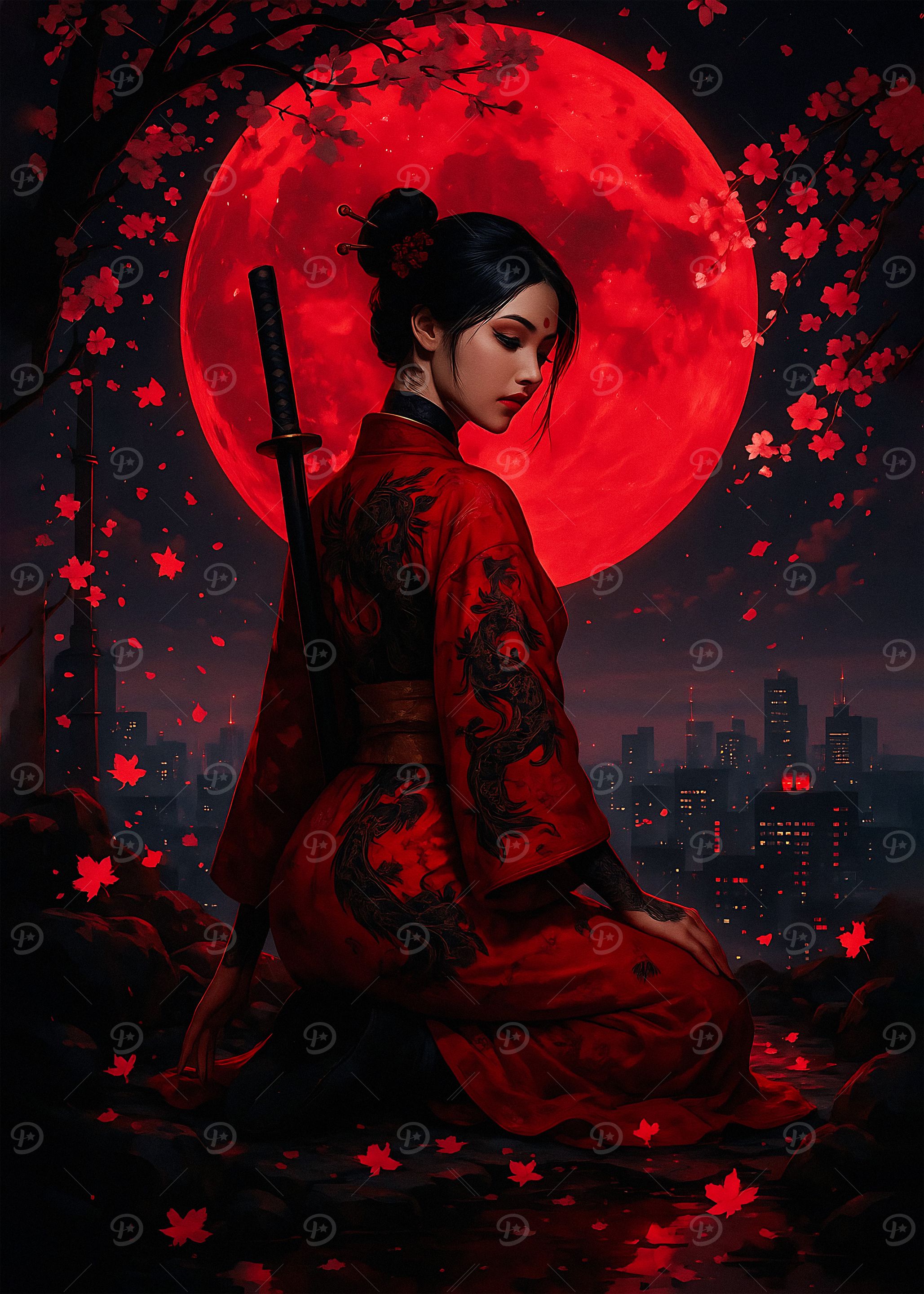 Red Kimono Woman with Katana and Moon