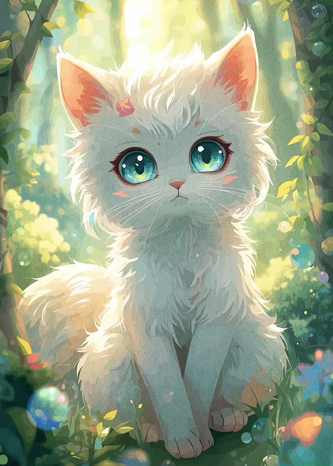 Cute White Cat in Forest