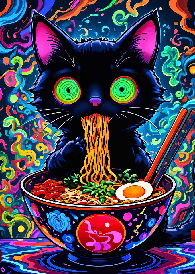 Psychedelic Cat Eating Ramen