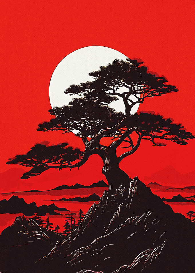Bonsai Tree Silhouette with Red Sky