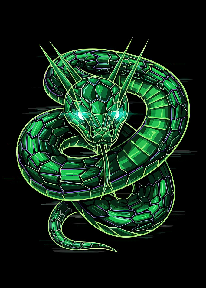 Green Geometric Snake on Black Background