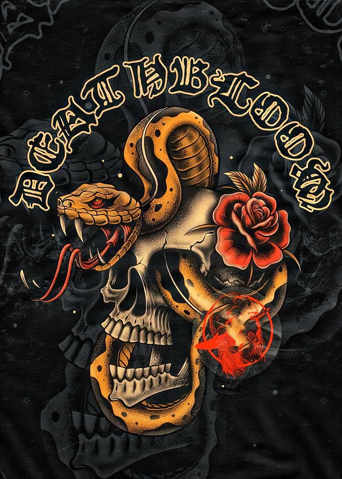 Skull, Snake, and Rose Illustration