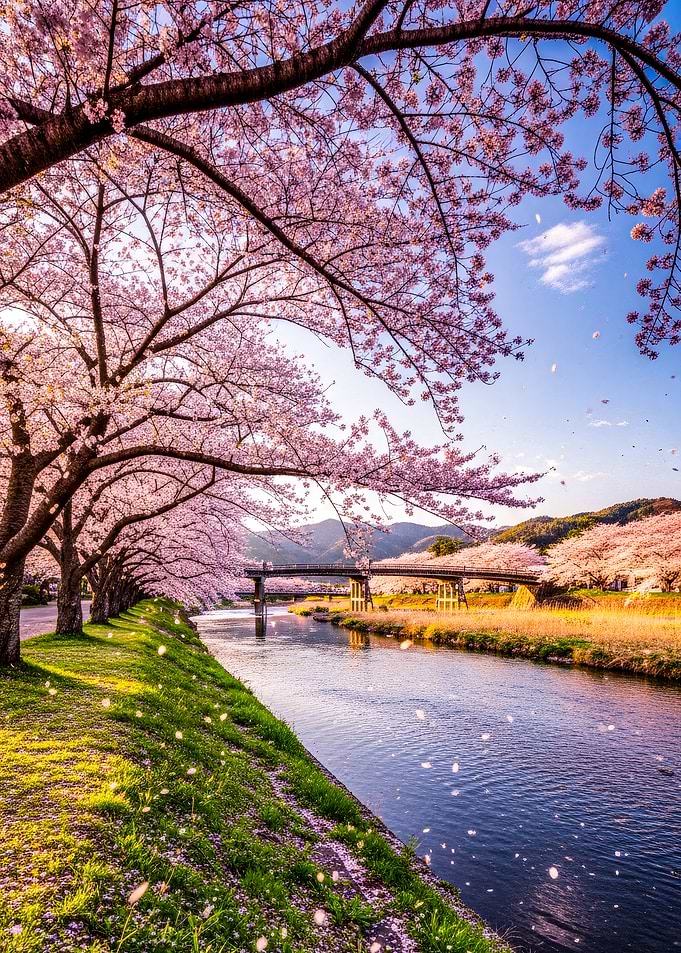 Cherry Blossoms River Landscape