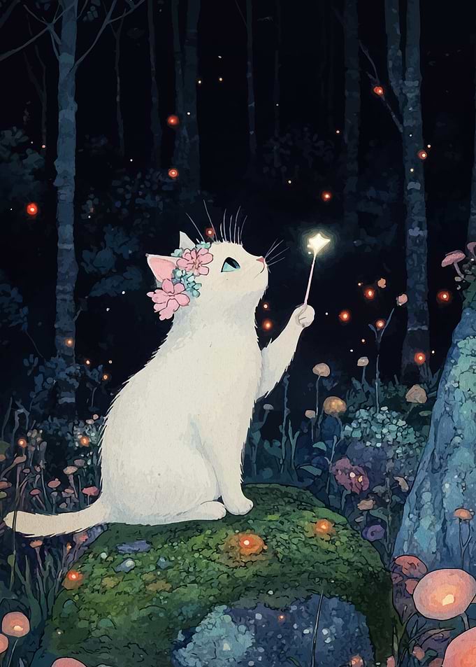 White Cat with Flower Crown in Forest