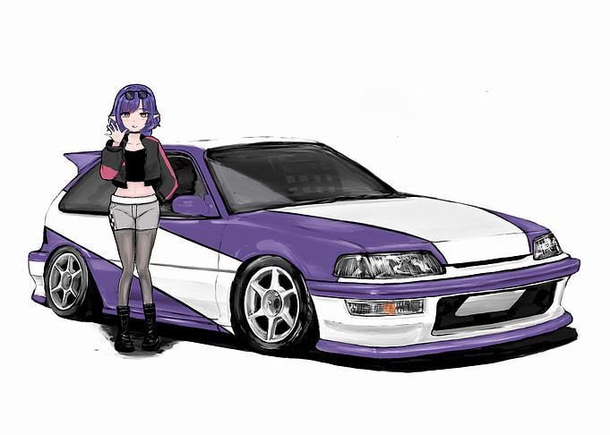 Anime Girl with Purple and White Car