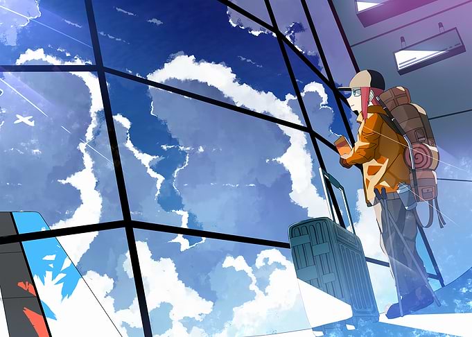 Anime Traveler at Airport Window
