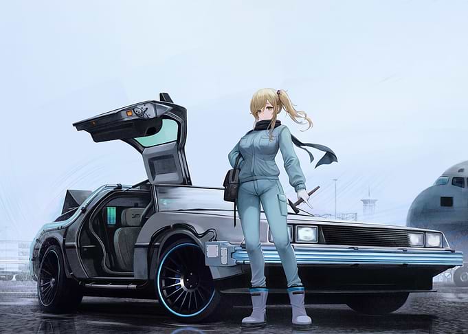 Anime Girl with DeLorean and Airplane