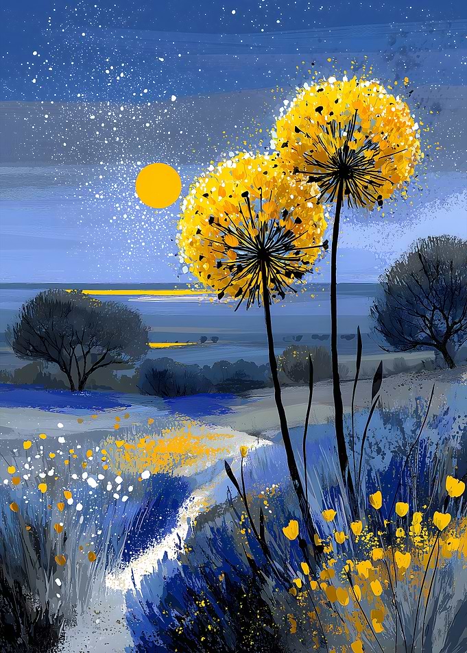 Dandelion Field at Night Painting