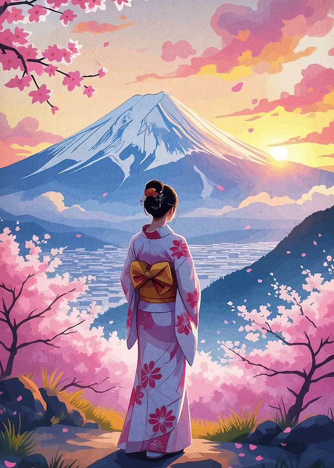 Japanese Woman in Kimono with Mount Fuji