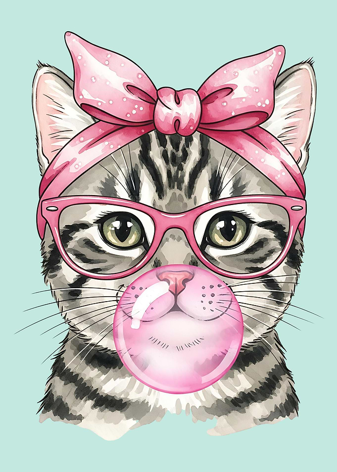 Cat with Bubble Gum and Glasses