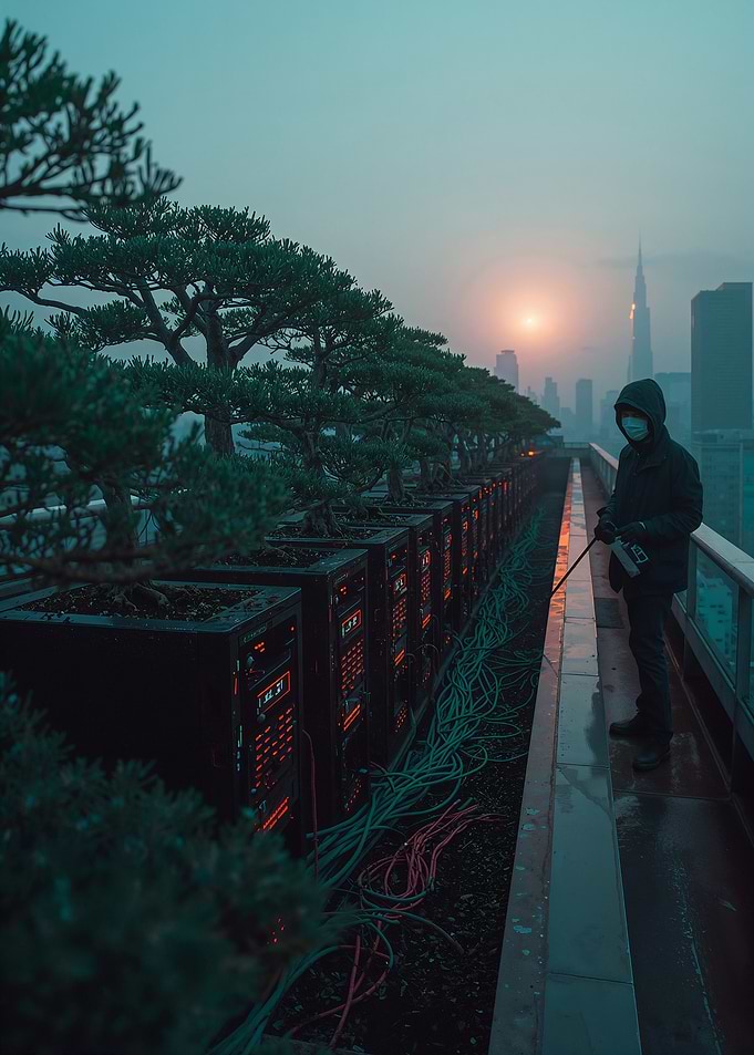 Cyberpunk Rooftop Server Farm with Bonsai