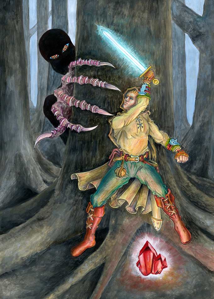 Fantasy Hero Battling Shadow Creature
