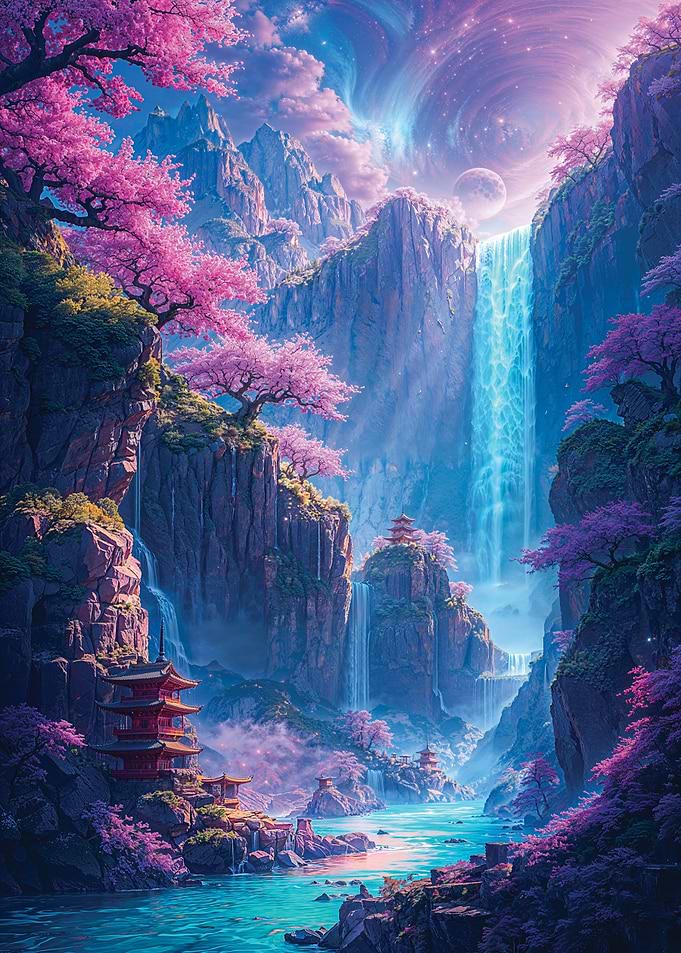 Fantasy Landscape with Cherry Blossoms and Waterfall