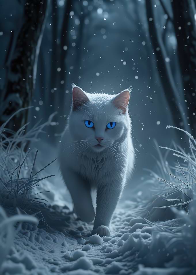White Cat in Snowy Forest