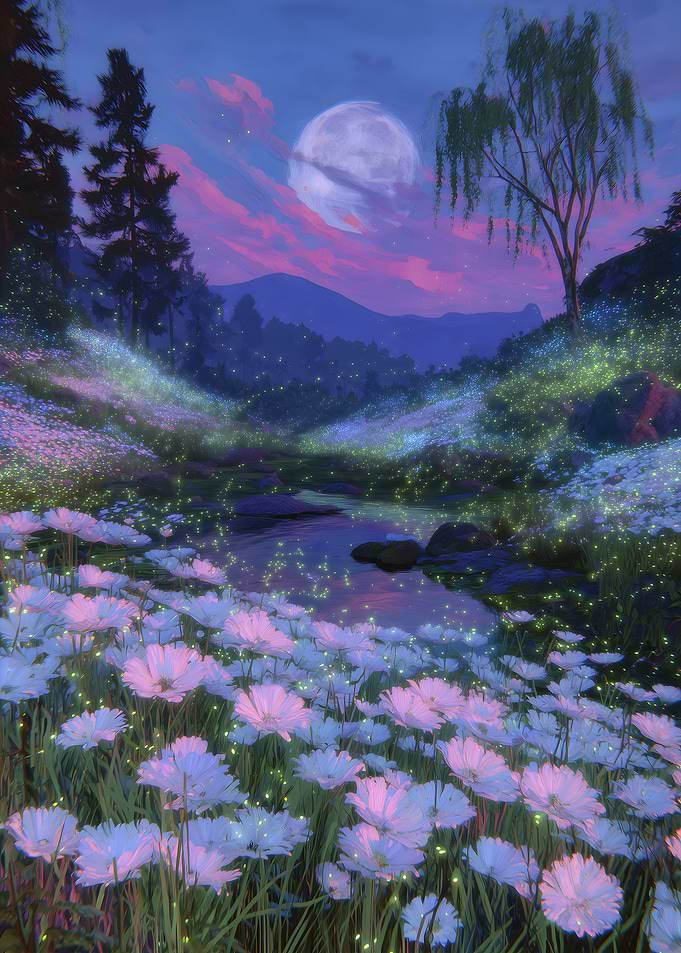 Dreamy Floral Landscape with Moonlight