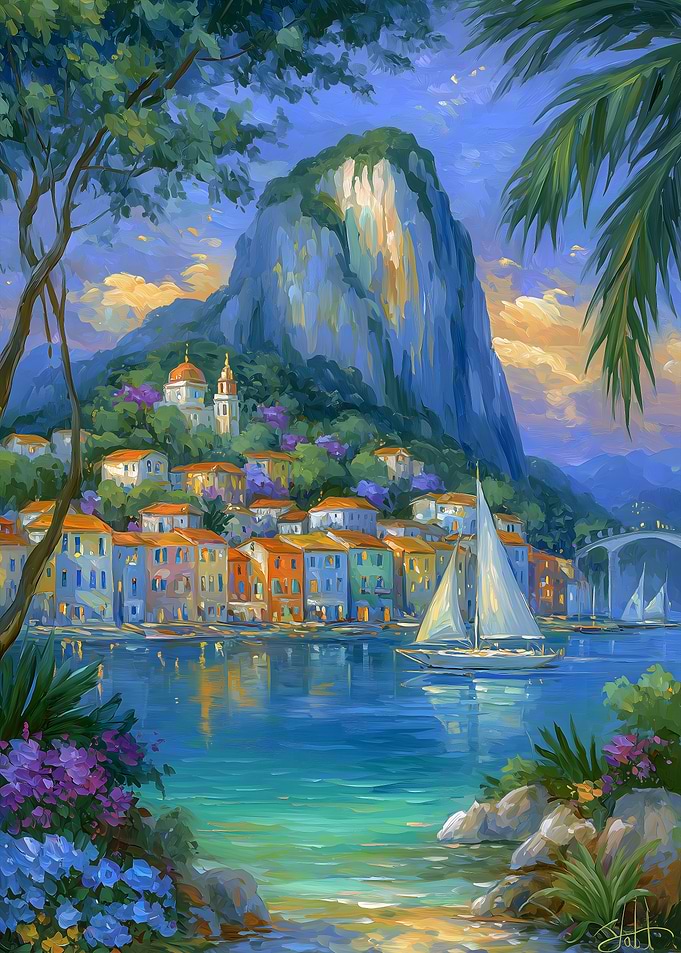Coastal Town Painting with Sailboat and Mountain