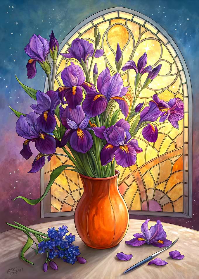 Purple Irises in Orange Vase Artistic Still Life Stained Glass