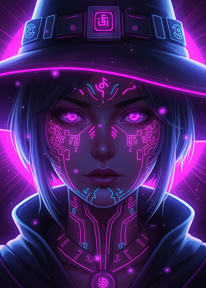 Cyberpunk Witch Portrait with Neon Glow