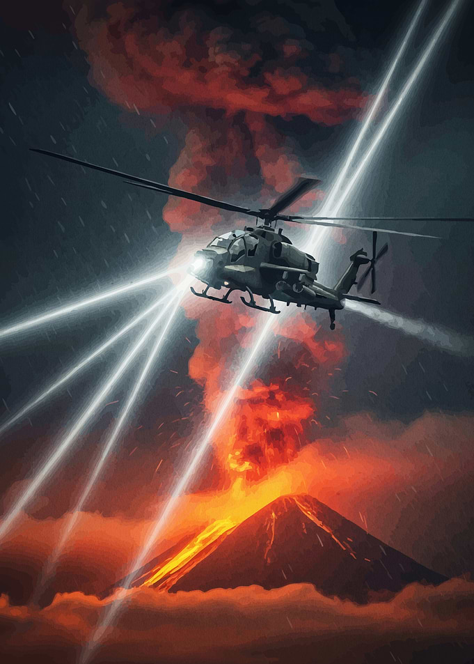 Helicopter over erupting volcano beams