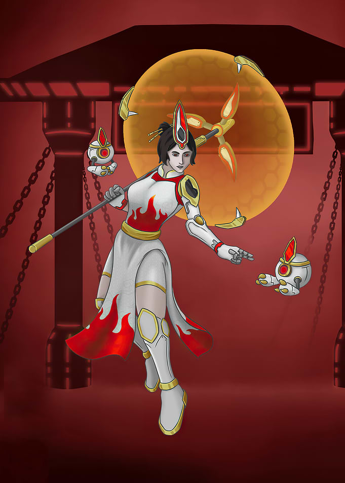 Futuristic Geisha with Robotic Companions