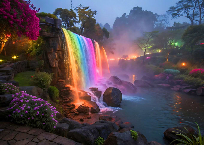 Rainbow Waterfall in a Lush Garden Nature