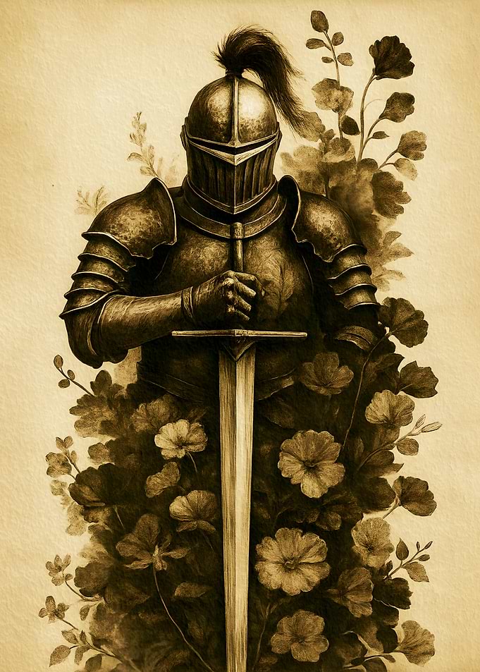 Knight in Armor with Floral Surroundings