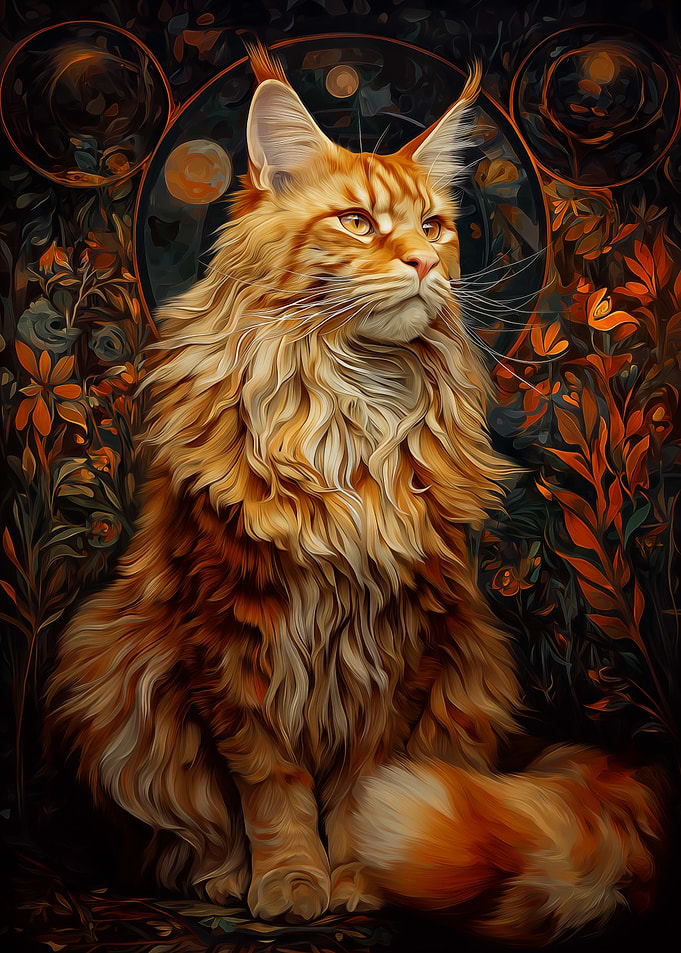 Majestic Red Tabby Maine Coon Cat Portrait with Floral Background