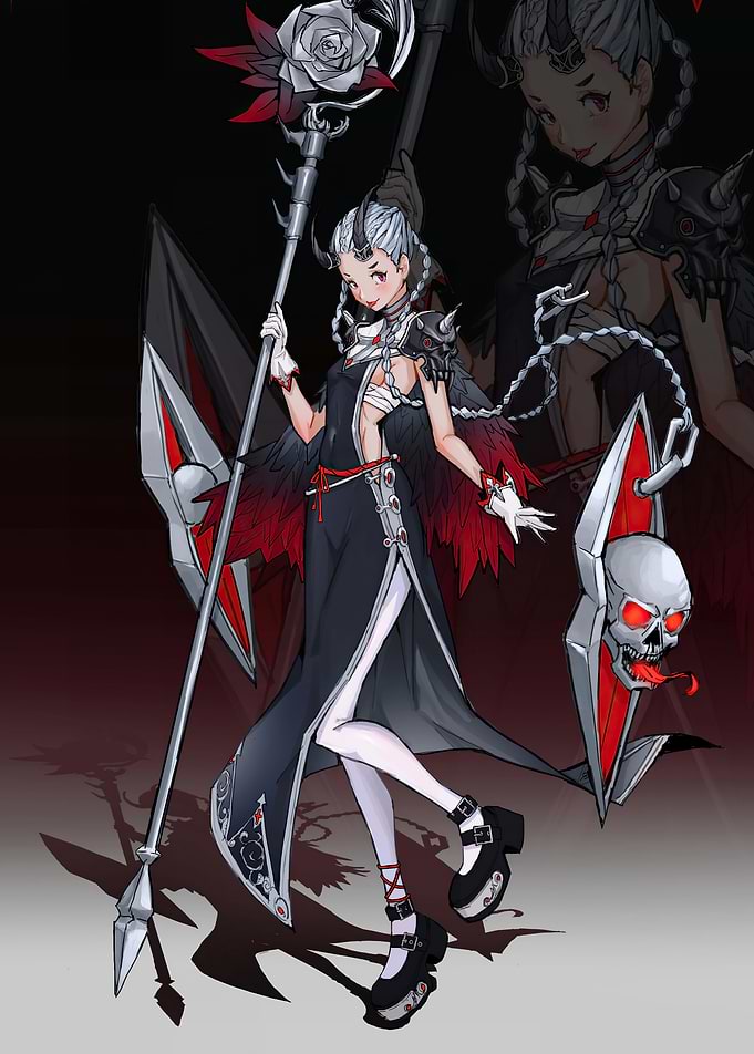 Horned Girl with Skull and Rose Staff