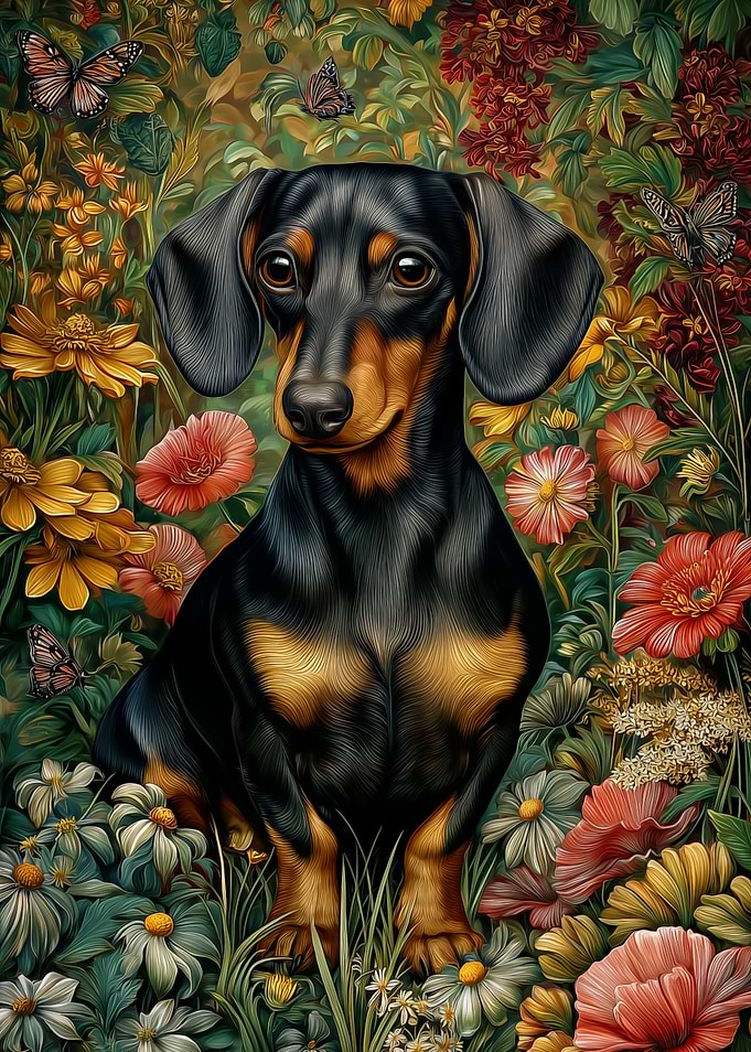 Dachshund in Floral Garden
