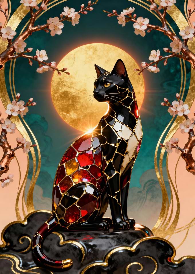 Mosaic Cat with Cherry Blossoms