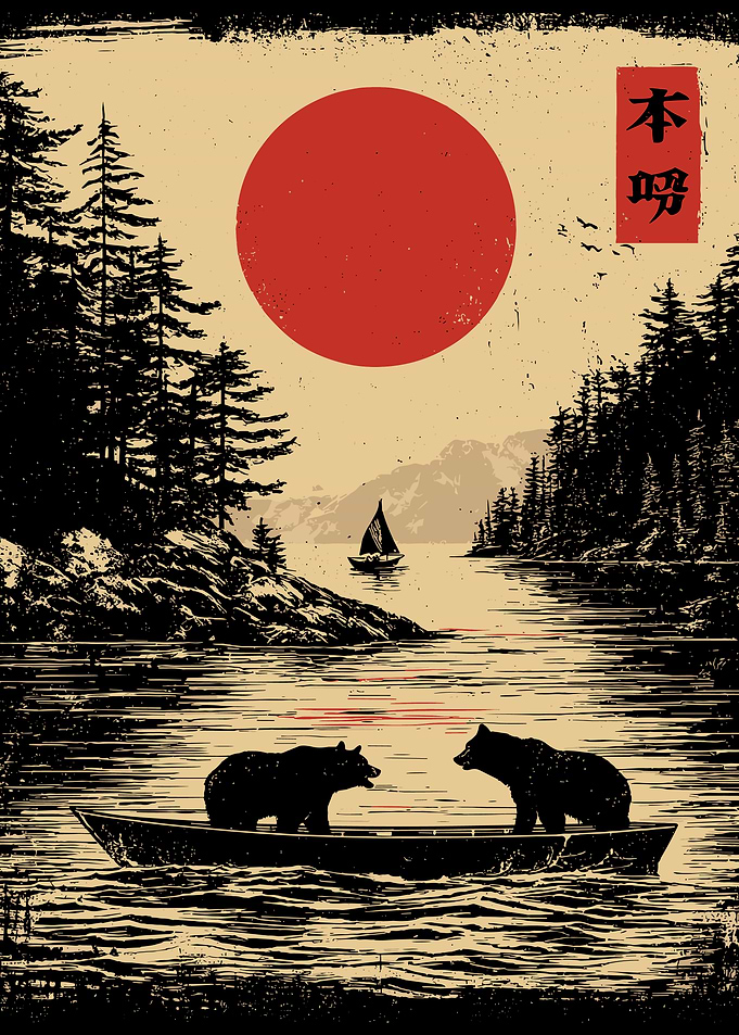 Bears in Boat with Japanese Sun