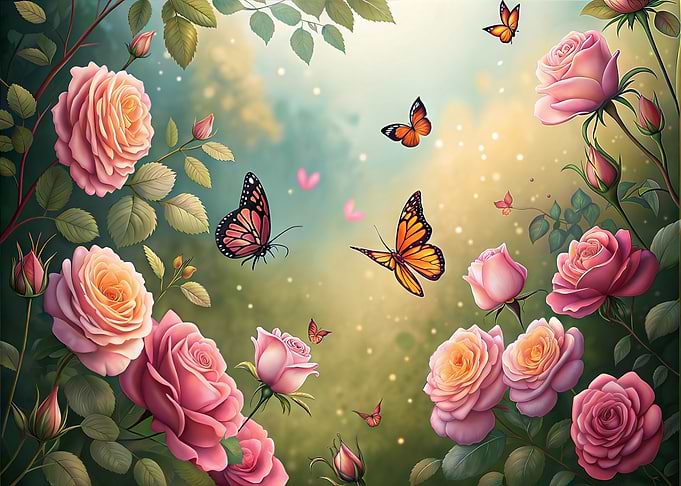 Roses and Butterflies in Garden