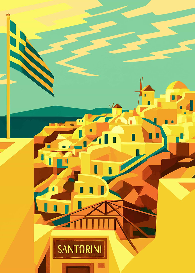 Santorini, Greece art deco retro Travel Poster