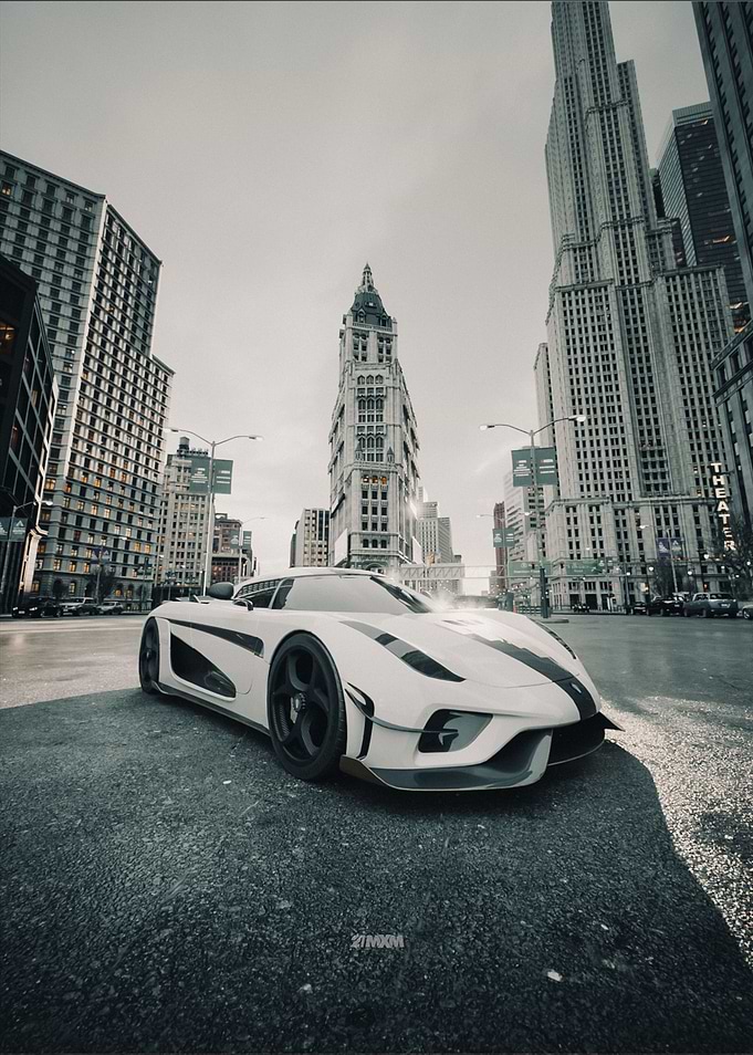 White Koenigsegg in Cityscape