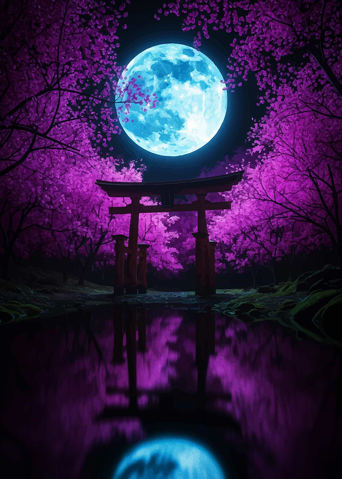 Torii Gate, Moon, and Cherry Blossoms