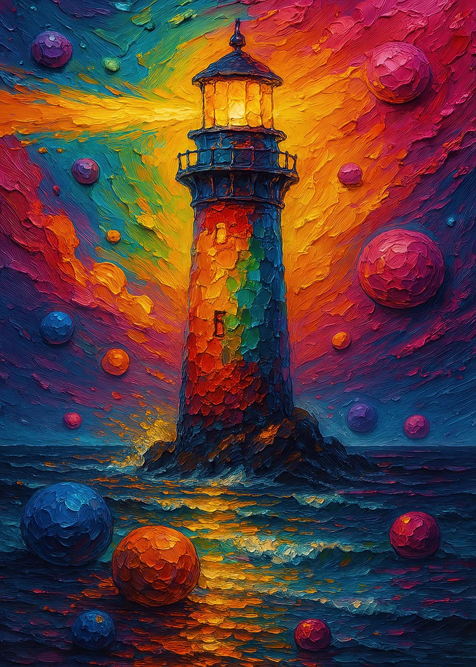 Colorful Lighthouse with Floating Spheres