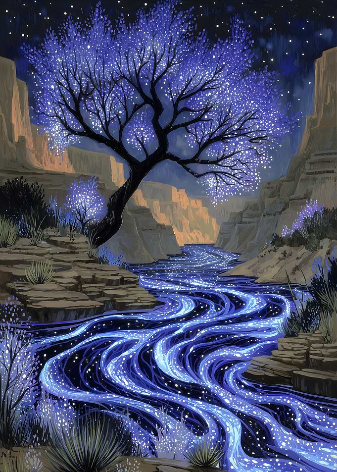 Glowing River Through Canyon Landscape Painting